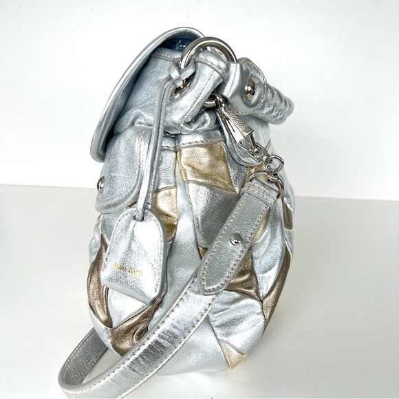 ♦️SOLD♦️MIU MIU Coffer Metallic Silver Gold Bronze Leather  Patchwork Shoulder - Picture 7 of 16